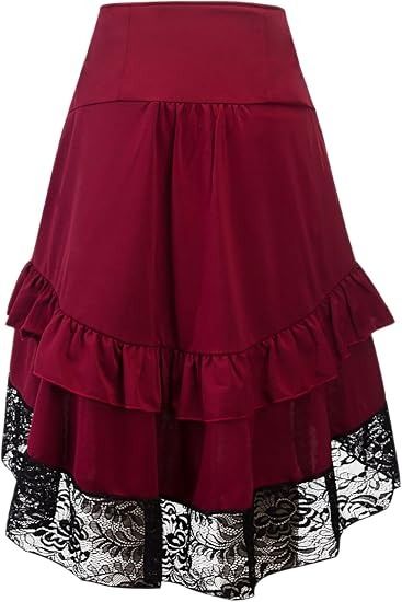 Red High-Waisted Skirt With Black Lace Trim imagen 2